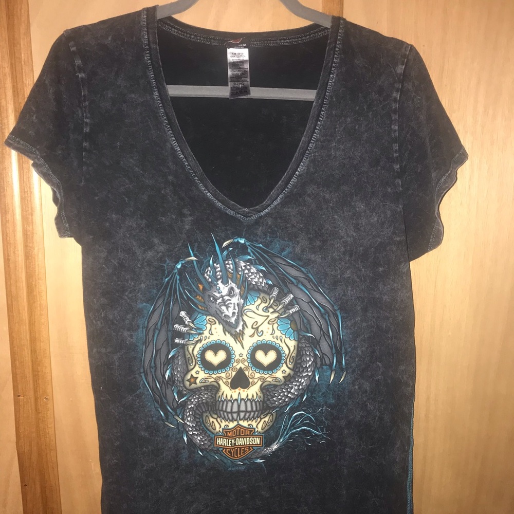 Harley Davidson Sugar Skull V neck Tee Shirt